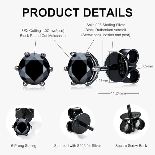 Black Moissanite Stud Earrings 1.0ct-2.0CT D Color, GRA 925 Sterling Silver Earrings for Men Vermeil 18K Black Gold Plated Flat Back Simulated Diamond Studs Earrings Jewelry Gifts for Men Women2