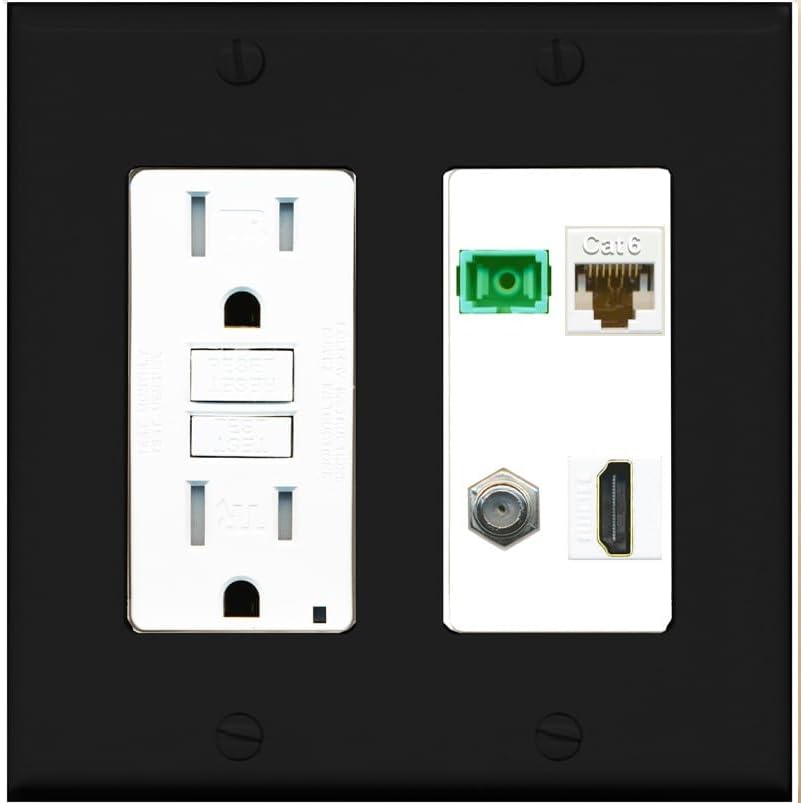 RiteAV 1 Port Fiber Optic Jack SC Simplex APC + Cat6 + Coax + HDMI Wall Plate - GFCI Outlet [White]