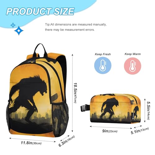 Backpack Lunch Bag Set for Travel Hiking Picnic, Angry Werewolf Print Backpacks with Insulated Lunch Box2