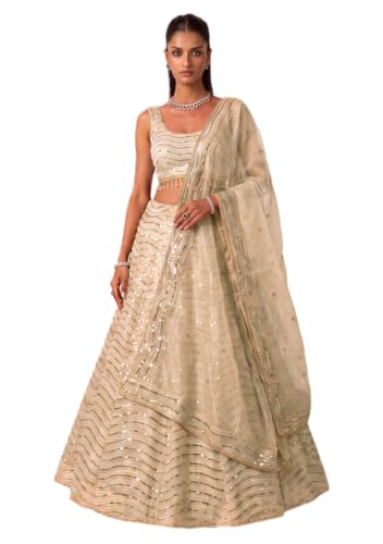 Indya Multi Embroidered Silk Blend Lehenga Set for Festive | Sleeveless