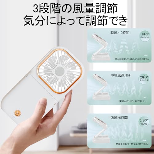 携帯扇風機 ハンディファン 2026 首掛け 手持ち 折り畳み 卓上 4WAY 3000mAh大容量 USB充電 小型 静音 超軽量130g 3段階風量調整 スマホスタンド機能付き マスク蒸れ対策 通勤・通学・キャンプに 日本語取り扱い説明書付き (ホワイト)