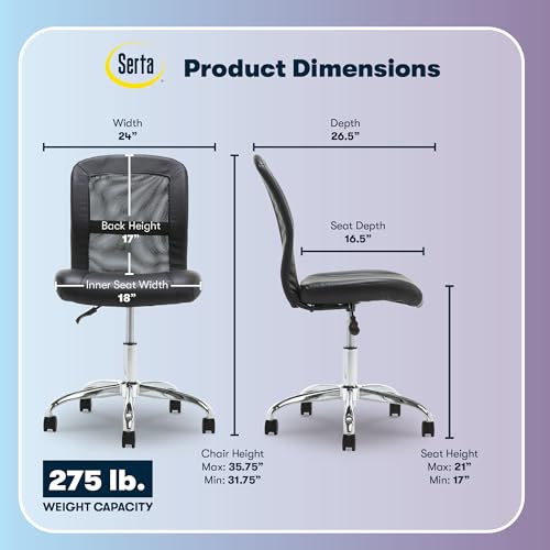 Image of Serta Essential Armless TaskChair, Small Desk Chairs with Wheels, Breathable Mesh Back and Faux Leather, Quality Foam Cushion Seat for Comfort, Minimal Design for Vanity Table, Black
