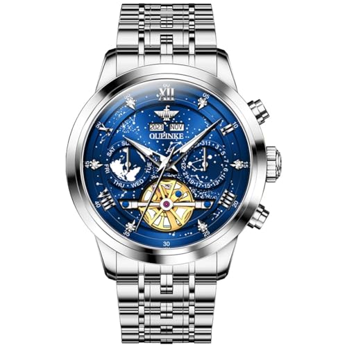 Image of OUPINKE Watch for Men Skeleton Self Winding Mechanical Automatic Luxury Dress Black Wrist Watch Waterproof Luminous Tungsten Sapphire Crystal