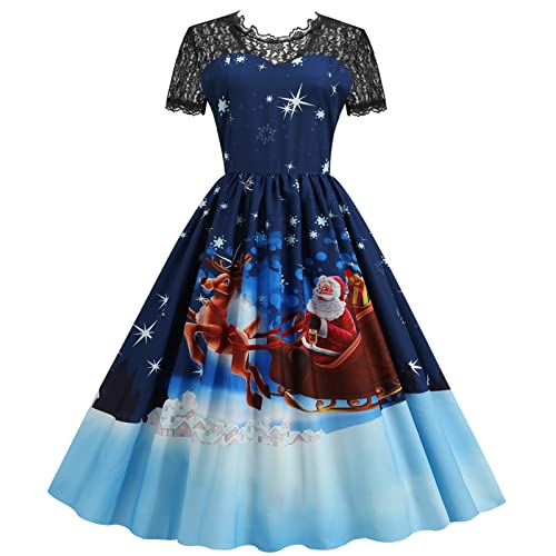 Weihnachtskleid Damen, Damen Vintage Elegant Spitze Weihnachtskleid Sexy Kurzarm Lustig Weihnachtskleider A-Linie Party Cocktail Kleid Festlich...