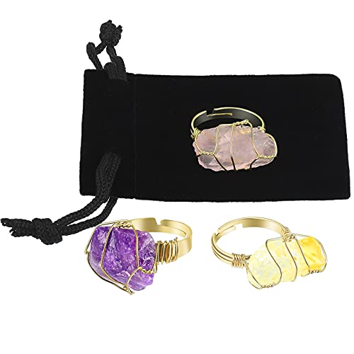 Hicarer 3 Pieces Chakra Crystal Ring Wire Wrapped Irregular Crystal Ring Raw Healing Crystal Ring Adjustable Gemstone Stone Ring Jewelry With Exquisite Flannel Bag For Women thumb #3