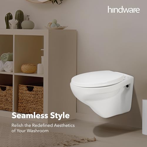 Image of Hindware Classik Wall Hung Western Commode for Bathroom | Made of Ceramic | P-230 Trap | Soft Close Feature | Star White | Oval Shape | Wall Mount Ewc | 10-Year Manufacturer Warranty