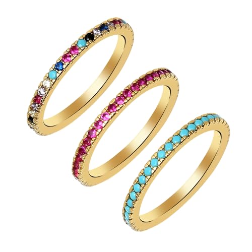 Gold Stacking Rings for Women Non Tarnish,14k Real Gold Plated Colored Diamond Rings for Women Elegant Eternity Band Pinky Ring Stack Personalized Jewelry Gift