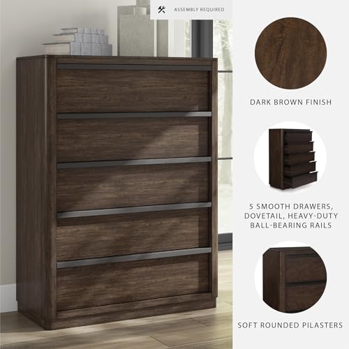 Image of Signature Design by Ashley Kendamor Contemporary 5-Drawer Chest with Felt-Lined Top Drawer and Easy Glide for Bedroom, Dark Brown