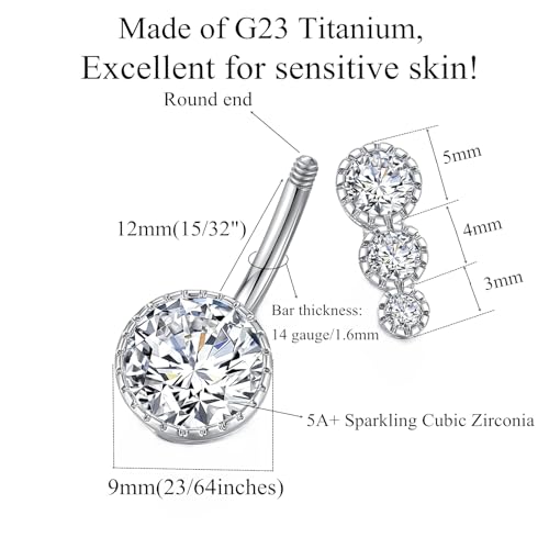Popuhoops 14G 12mm G23 Titanium Belly Button Ring Clear CZ Belly Rings Navel Rings Navel Piercing Jewelry Belly Piercing Ring Body Jewelry 14 Gauge