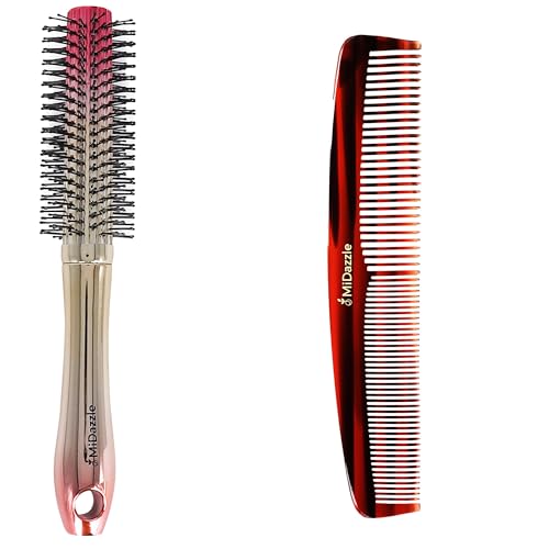 Image of Midazzle Premium Round Hair Brush and Handmade Comb Set, Golden, 2 Pieces