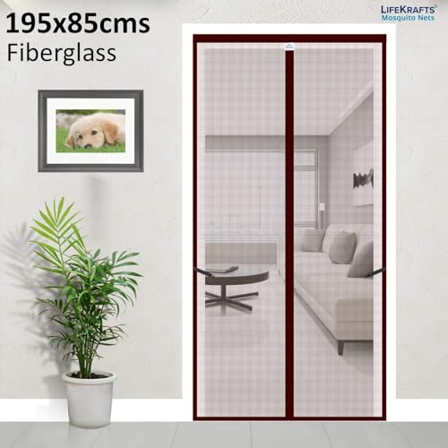 Image of LifeKrafts Mosquito Net Curtain for Door | Magnetic Closure, 120 GSM Fiberglass Material, Brown (195x85 cm)