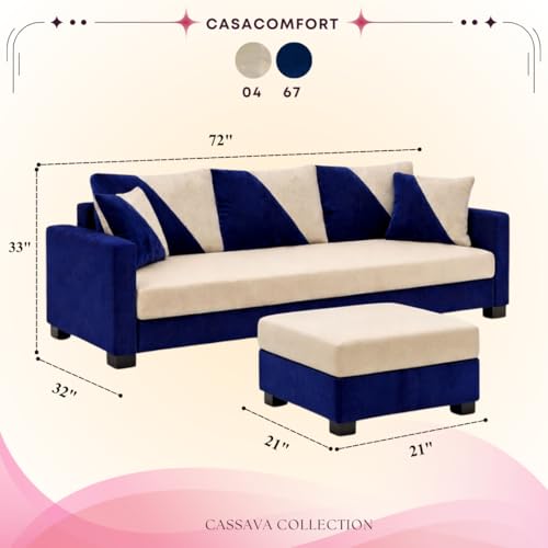 Image of Zavian 4 Seater L Shape Sofa Set with Movable Ottomans | Flexible Layout | Rich Velvet Suede Fabric | Silver Legs | Spacious Seating | Modern Sofa for Living Room (Dark Blue-Cream)