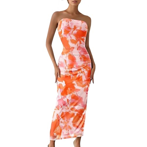 Image of Women's Tube Top Maxi Dresses Printed Tie Dye Strapless Bodycon Long Dress Split Side Sleeveless Party Elegant Outfits