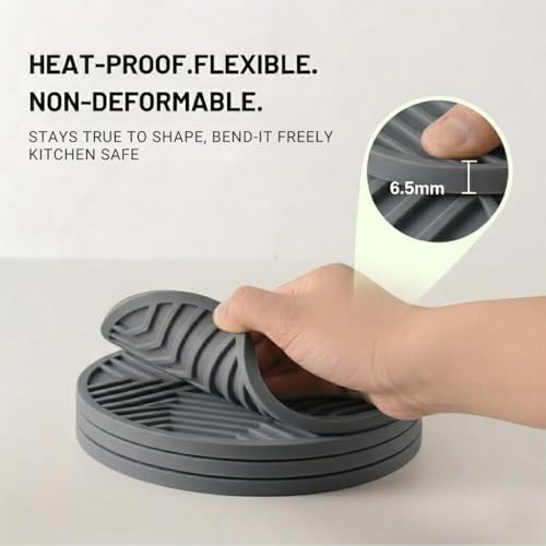 Image of Silicone Trivet Mats, Set of 3, Heat and Slip Resistant, Multipurpose Non-Slip Hot Pads for Kitchen Potholders, Jar Opener, Spoon Holder, Food Grade BPA Free, 6.5mm Extra Thick,(Grey)