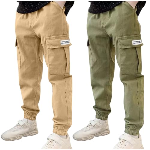 BXJX 2 Pack Boys Cargo Pants Casual Elastic Waist Pull On Trousers with Multi Pockets Fashion School Pants for Boys 3-14Y Fall Clothes Brown 12 Years