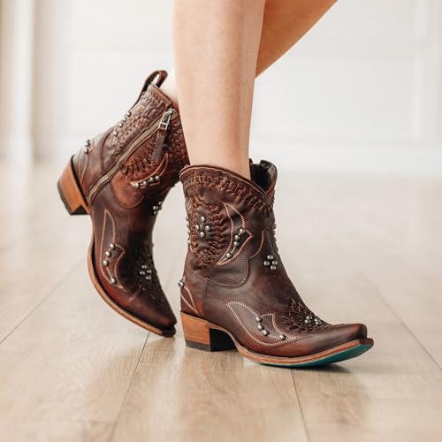 Women's Cowboy Cowgirl Western Boots Embroidered Stitched Rivet Ankle Boots Pointed Toe Chunky Heel Side Zipper Vintage Short Booties2