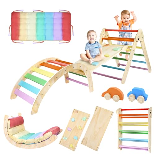 Image of Triangle Climbing Set, 7 in 1 Wooden Climbing Toys for Toddler 18 Months-3 Years Inside, Foldable Colorful Montessori Jungle Gym, Pikler Triangle Toddler Indoor Playground with Cars Arch Ramp Ladder