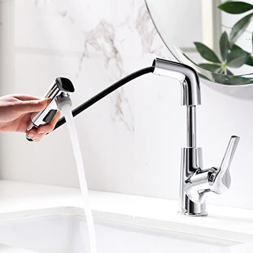 Robinet de lavabo monotrou extractible argent pour salle de bain moderne