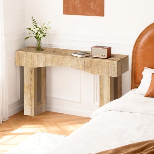 Image of 63 Inch Long Entryway Table Hollow, Wooden Console Table with Socket Farmhouse Sofa Table for Entrance, Hallway, Living Room,Behind Couch(Natural Brown)
