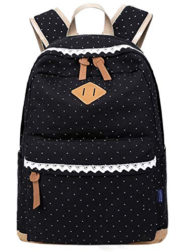 5 ALL Fashion Mädchen Schulrucksack Damen Canvas Rucksack Teenager Baumwollstoff Schultasche Outdoor Freizeit Daypacks mit Schicker Lace QXT-6066 (Schwarz)