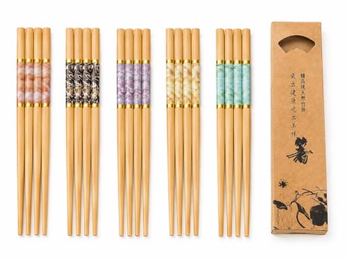 10 Çift Mermer Desenli Bambu Yemek Çubuğu Seti 20 Adet Kaymaz Uçlu Kutulu Chopstick