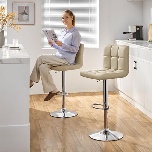 Image of Yaheetech Bar Stools Set of 2, Adjustable PU Leather Swivel Barstools, Modern Counter Stools with Back and Footrest for Bar, Kitchen, Dining Room, Khaki