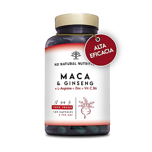 Maca Andina + Gingseng + L Arginina. Triple Energía. Zinc, Vitamina C y B. Rendimiento deportivo. Reduce Cansancio y Fatiga. Antioxidante. 120 cápsulas. CE. Vegano. N2 Natural Nutrition