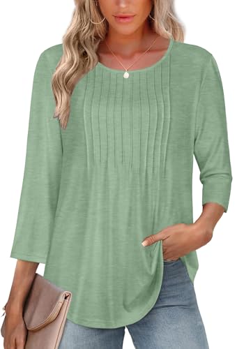 rosemia Womens Tops 3/4 Length Sleeve Blouses Dressy Casual Pleated Front T Shirts Loose Fit Tunic, Green Color, M