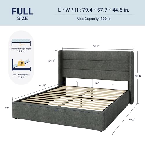 Image of Allewie Full Size Lift Up Storage Bed, Modern Wingback Headboard, Hydraulic Support, No Box Spring Needed, Dark Grey