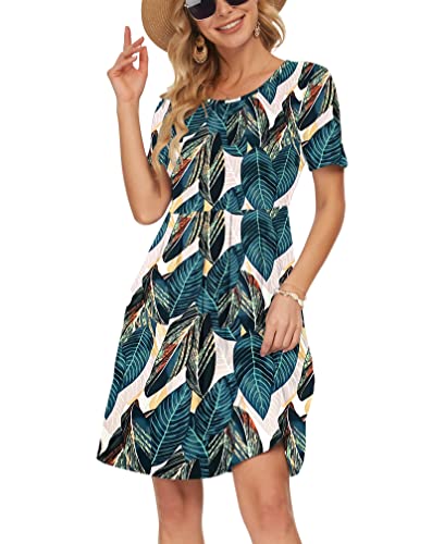Image of AUSELILY Women's Short Sleeve Pleated Swing Summer Dress with Pockets | Knee-length short sleeve dress, empire waist & pockets, ideal for casual daily wear and vacation