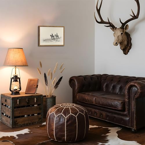 Image of Framed Western Wall Art, Cowboys on Horses Sketch Picture Print, Western Wall Decor, Vintage Country Farmhouse Western Cowboys Canvas for Living Room Bedroom Home 8x10 inch
