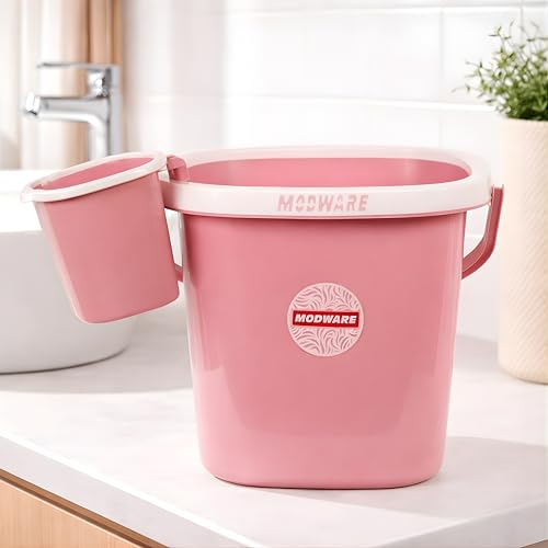 Image of MODWARE Premium Orchid Bucket and 1L Mug Set, 20 litres, Polypropylene, Square, Lightweight, Durable, 2 Pieces (Pink)