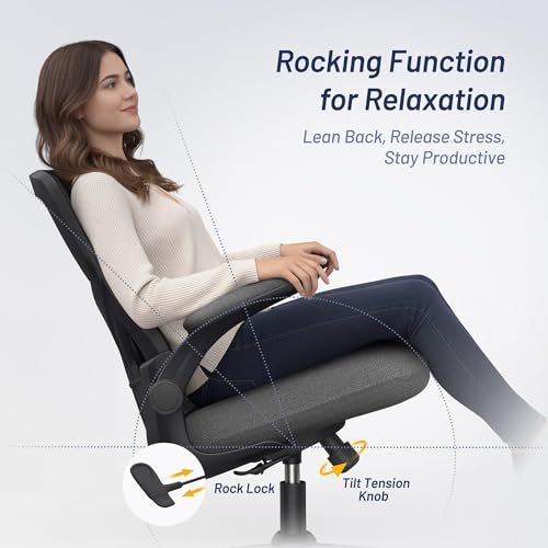 Image of Office Desk Chair for Long Hours & Back Pain Relief - 4 inch Thick Molded Foam Cushion, Enhanced Lumbar Support, Padded Flip-up Armrests, Ideal for Office or Study, Dark Gray