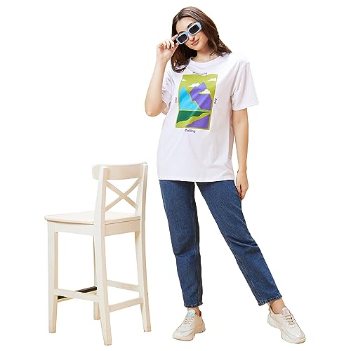 Image of Globus Women Ivory Typography Print Round Neck Oversized Casual T-Shirt-3638185004