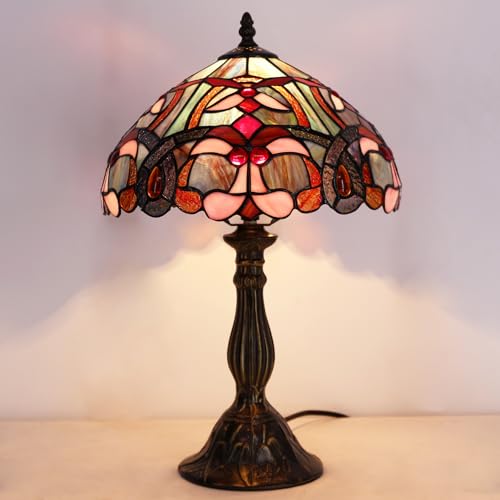 Image of WERFACTORY Tiffany Lamp Blue Pink Stained Glass Table Lamp 18 Inch Tall