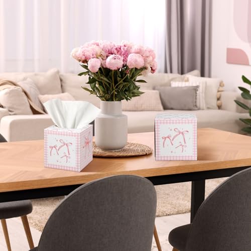 Image of Fourluoo 12 Pack Pink Bow Facial Tissue Cube Boxes 600 Sheets 3 Ply | Square Bow Coquette Party Style, Small Square Face Tissues Bulk for Birthday Bridal Bachelorette, Gingham Checkered Decor