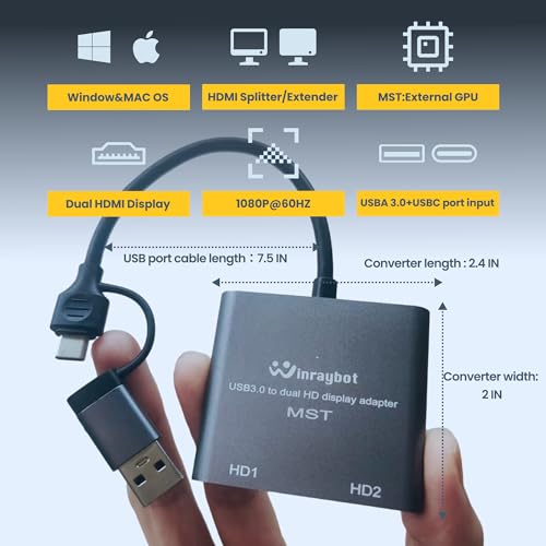 WinRaybot USB to HDMI Adapter for 2 Monitors-USB3.0 to Dual hdmi for 3 Monitors-USB to HDMI with Two HD Displau Supports Mac & Windows/Dual HDMI Extender -External Video & Graphics Card Adapter - Thumbnail 6
