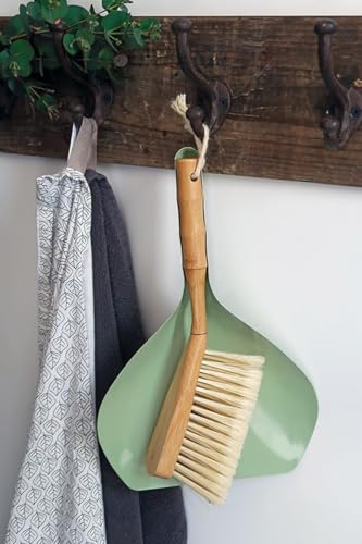 WESTCRAFT 70er Jahre Retro Kehrschaufel Kehrblech mit Schaufel & Besen / 2-teiliges Kehrset mit Handfeger & Besenset im Vintage Design, Olive grün (Mint) / Grau (Gruen)