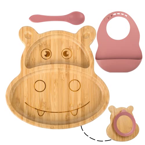 HappyDoo - Baby Teller Mit Saugnapf - Bambus Teller Baby + Babylöffel + Silikonlätzchen - Babyteller Saugnapf Bambus Ungiftig - Saugnapf Teller Baby Bambus Free BPA - Rosa Nilpferd - Blw Teller Cover