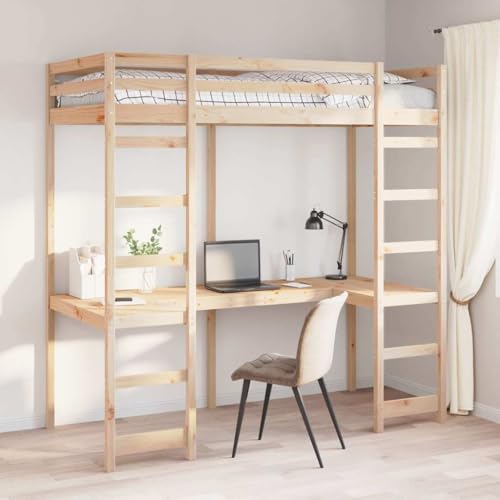Teenpull Estructura de Cama Alta Natural de Pino Macizo 90 x 200 cm con Escritorio, Escalera y barandillas, Cama somier con Soporte de láminas para Dormitorio, hogar y