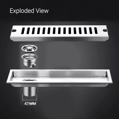 Image of Shower Drain Channel 12 x 4 Inch Vertical Outlet 304 Stainless Steel Floor Drain Jali with Collar Heavy Duty Water Drain Channel for Bathroom Side Hole