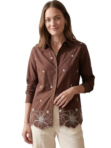 Women’s Cotton Embroidered Shirt Brown | Floral Embroidery Casual...