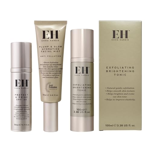 Emma Hardie Hidden Heroes Bundle - Plump & Glow Hydrating Facial Mist 90ml, Exfoliating Brightening Tonic 100ml, Protect & Prime SPF30 50ml, Hydrating, Radiance-Boosting Daily Facial Skincare
