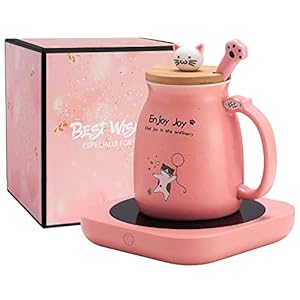 Bsigo Smart Coffee Mug Warmer & Cat Mug Set, Tea Beverage Warmer for Desk Home Office, 5.9” Electric Candle Warmer with 3-Temperature Settings (Up to 180℉/80℃), 4 Hour Auto Shut Off, 16oz Lid Spoon