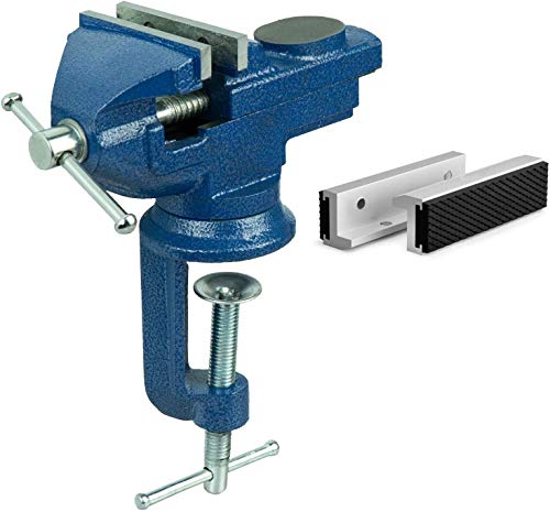 HRB Schraubstock 50 mm inklusive Schonbacken, Schraubstock klein klemmbar für Werkbank drehbar massiv gefertigt mit Hammerschlaglackierung versehen