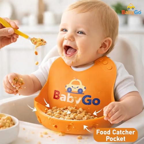 Image of BabyGo Silicone Baby Bibs for Feeding & Weaning | Adjustable Neckline with Buttons | BPA Free | Waterproof | Washable & Reusable | 0-24 Months | Mess Proof Feeding Bib| Pack Of 2 | Orange and Yellow