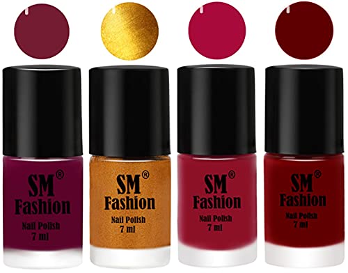Image of Nail Polish Combo Set (Pack of 4) Quick Dry Gel Finish Nail Paint | Mulberry,Golden,Raspberry,Dark Red | 7 ml Each