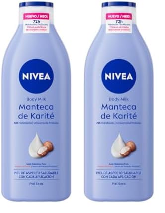 NIVEA Body Milk Manteca de Karité (1 x 400 ml), leche corporal que hidrata durante 72 h, crema hidratante corporal con ácido hialurónico, para piel seca (Paquete de 2)