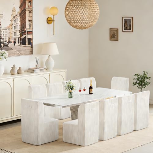 Image of 11-Piece Extendable Dining Table Set for 10, Modern 63 inch-94 inch White Marble Expandable Kitchen Table Set with 10 Furry Chairs,Large Extendable Dining Room Tables with Mirrored Columnar Base