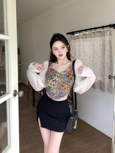 Image of ICW Women French Style Retro Vintage Lace-Up Floral Jacquard Square Neck Smock Puff Sleeve Ruffled Crop Blouse Corset Top Dn29